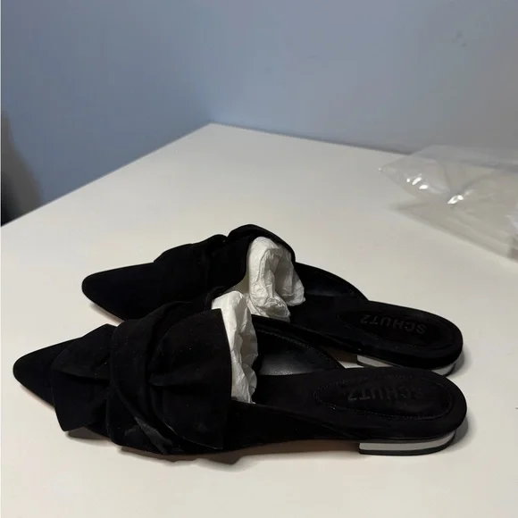 SCHUTZ Black Suede Bow Pointed-Toe Slip-On Mules - Picture 3 of 4